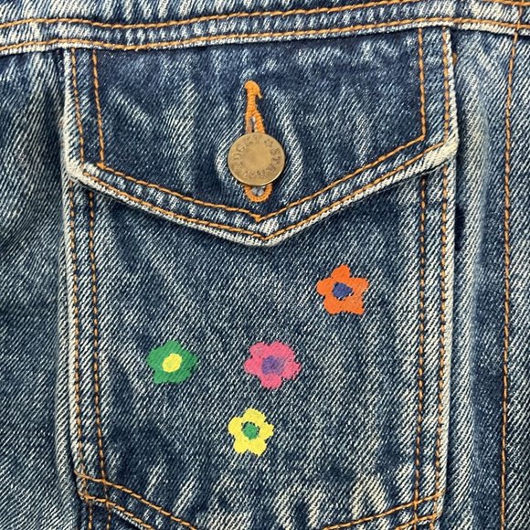 Vintage Hand Painted Denim Jacket Boho Hippie Woman Sun Angel Clouds Wom… - Picture 6 of 11